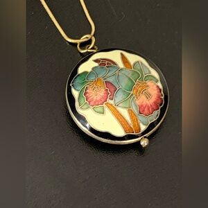Vintage Double Sided Cloisonne Enamel Orchid Flowers Pendant Necklace 20”
